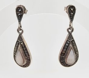 Mother Of Pearl Marcasite Sterling Silver Drop Dangle Earrings 5.9 G