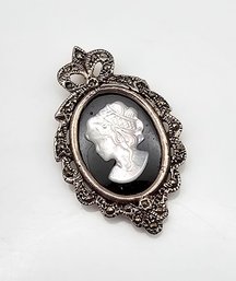 'MT' Onyx Marcasite Abalone Cameo Sterling Silver Pendant Brooch 6.2 G