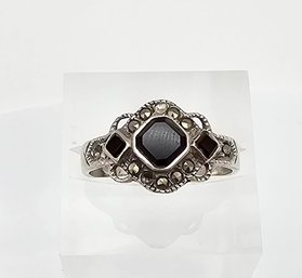 'A' Onyx Marcasite Sterling Silver Cocktail Ring Size 6.5 2.8 G