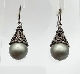 Pearl Sterling Silver Drop Dangle Earrings 5.2 G