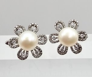 Pearl Rhinestone Sterling Silver Flower Earrings 9.4 G