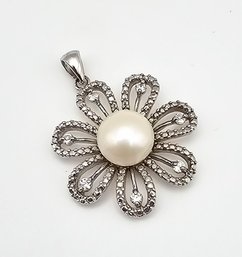 Pearl Rhinestone Sterling Silver Flower Pendant 5.8 G