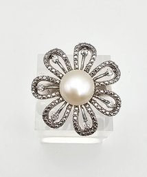 Pearl Rhinestone Sterling Silver Flower Ring Size 7 8.7 G