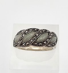 'NV' Jade Marcasite Sterling Silver Cocktail Ring Size 7 6.7 G