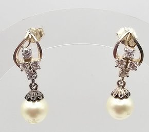 Faux Pearl Rhinestone Gold Over Sterling Silver Drop Dangle Earrings 4.1 G