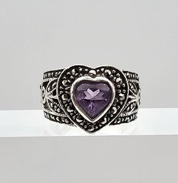 'NF' Amethyst Marcasite Sterling Silver Cocktail Ring Size 5.5 6.3 G