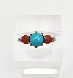 Turquoise Coral Sterling Silver Ring Size 5 1.6 G