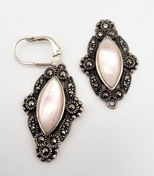 Signed Marcasite Mother Of Pearl Sterling Silver Drop Dangle Earrings 9.7 G