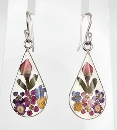 ATI Mexico Floral Resin Sterling Silver Drop Dangle Earrings 4.6 G