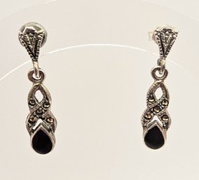 Marcasite Onyx Sterling Silver Drop Dangle Earrings 2.4 G