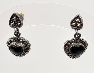 CW Marcasite Onyx Sterling Silver Heart Drop Dangle Earrings 3.6 G