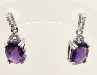 Cushion Cut Amethyst Sterling Silver Drop Dangle Earrings 2.8 G