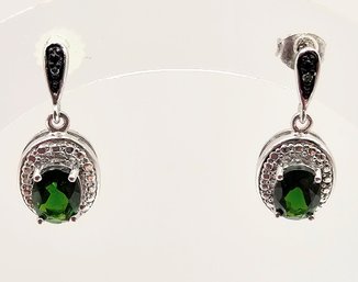 Signed Lab Emerald Sterling Silver Dangle Earrings 2.9 G