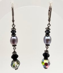 Pearl Rhinestone Sterling Silver Drop Dangle Earrings 4.8 G