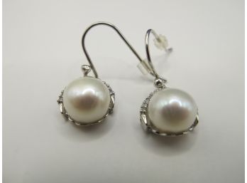 Sterling Earrings With Pearl And Rhinestones 3.56g