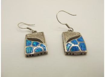 Modern Dangle Earrings With Iridescent Blue Stone Design 5.48g