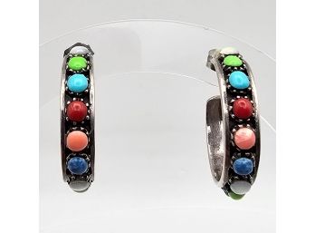 Coral Turquoise Mother Of Pearl Sterling Silver Hoop Earrings 6.7 G