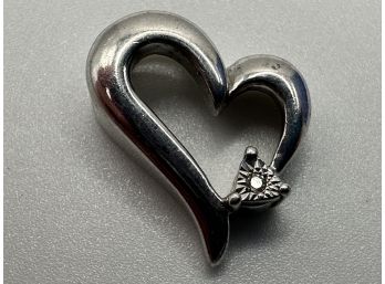 Sterling Silver Heart With Clear Stone Pendant, 1.71 G.