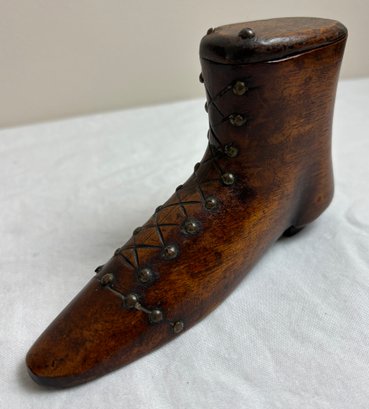 Large Antique Victorian Wood Carved Boot Shoe Snuff Box