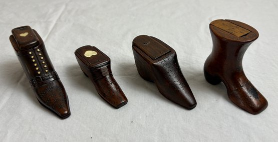 4 Antique Victorian Wood Carved Boot Shoe Snuff Boxes