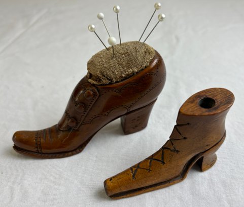 2 Antique Victorian Wood Carved Boot Shoe Sewing Items