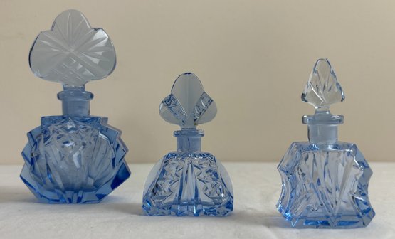 3 Antique Art Deco Blue Czech Glass Perfume Bottles