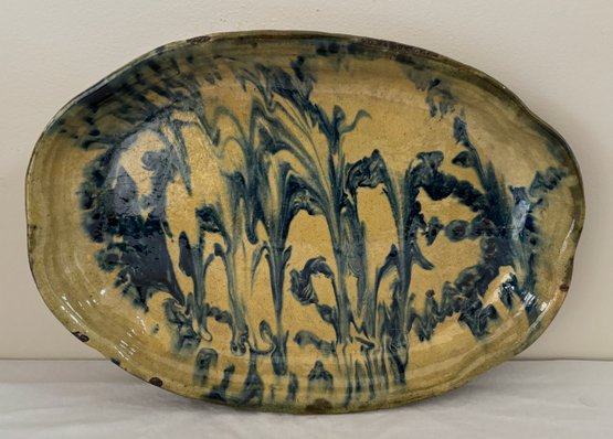 Antique Blue Spongeware Pottery Serving Dish Tray