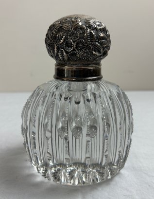 Antique Cut Crystal & Sterling Silver Repousse Inkwell