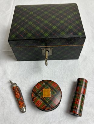 Antique/Vintage Tartan Ware Box Filled With Scottish Trinkets