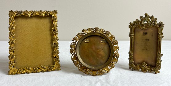 3 Antique Gold Gilt Brass Floral Mini Photo Frames