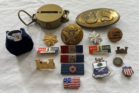 U.S. Military War Lot: Belt Buckle, Compass, Pins, Badges & More