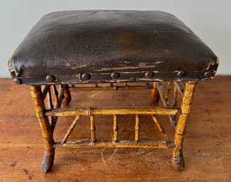 Antique English Bamboo & Leather Footstool Ottoman