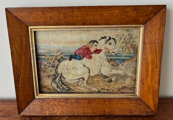 Antique Framed English Horse & Rider Needlepoint Embroidery