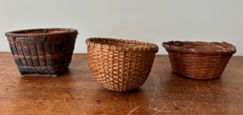 3 Small Early Antique Oak Splint Gathering Basket Bowls