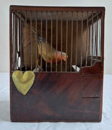 Antique Handmade Wooden Birdcage With Bird