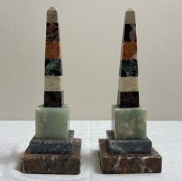 Vintage Pair Pyramid Carved Marble Obelisks