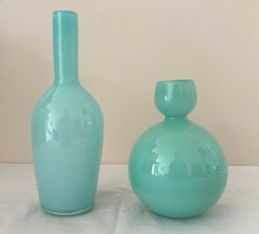 2 Vintage Signed Mid Century Modern Opaline Art Glass Vases
