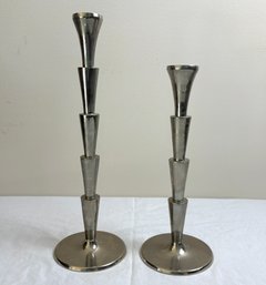 Vintage Pair Silver Metal Mid Century Modern Candlesticks