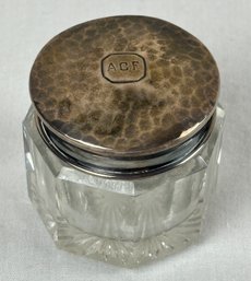 Antique Sterling Silver & Crystal Hammered Dresser Jar #4