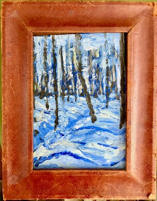 Diminutive Original Oil Painting In Antique Leather Frame Winter Scene