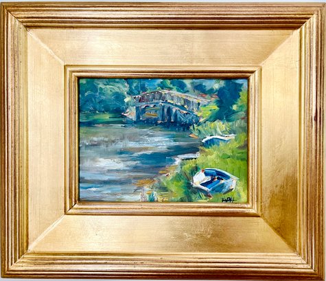 Rare Original Signed Barbara DuBois Hageman Oil Painting In Gilt Frame Boat On River