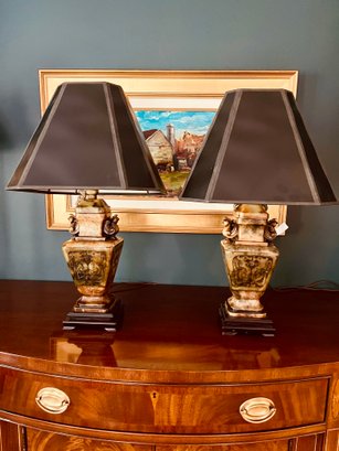 Heavily Carved  Pair Of Alabaster Chinoiserie Asian Influenced Table Lamps 24' Tall