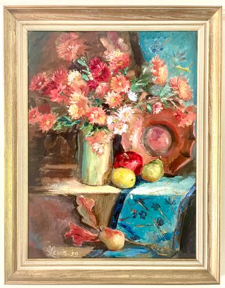 Lynda Bancroft Lewis Original Oil On Board 1959 Still Life Bountiful Flowers 22 X 28
