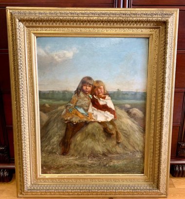 Antique Turn Of Century Charles Dowse Oil On Canvas Painting  Two Sisters In Repose 32 X 38