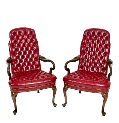 Elegant Pair Of Ethan Allen Burgundy Tufted Chesterfield Leather Armchairs
