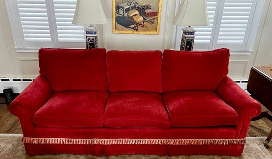 Exceptional Custom Upholstered Red Velvet Sofa Couch With Fringe 87' Wide Three Seater