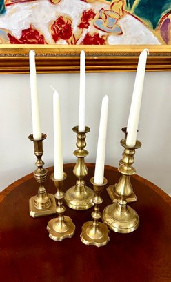 Vintage 3 Pairs Brass Candlesticks And Snuffer
