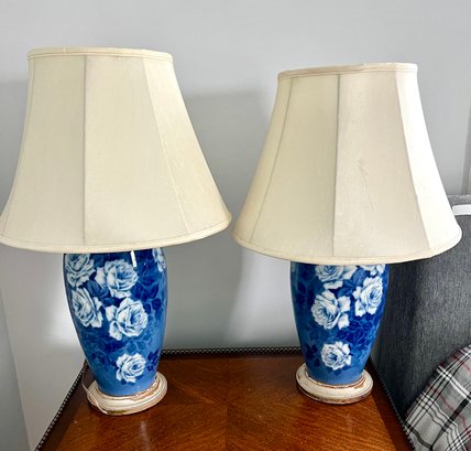 Exceptional Matching Pair Of Blue And White Glazed Floral Ceramic Lamps