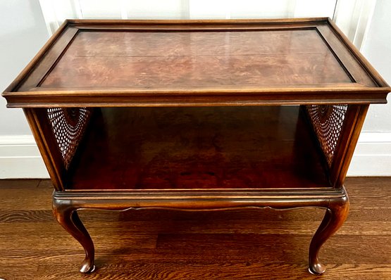Elegant Vintage Walnut Tiered Table With Caning At Sides