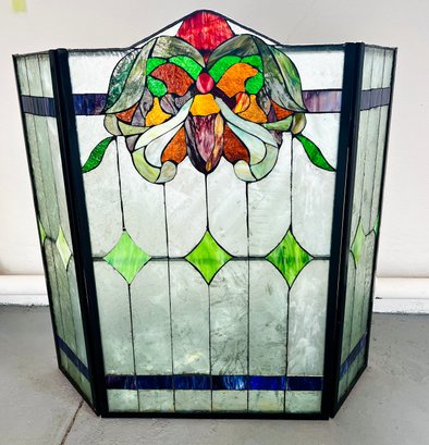 Exceptional And Sought After Tiffany Style Vibrant Stained Glass Folding Fireplace Screen